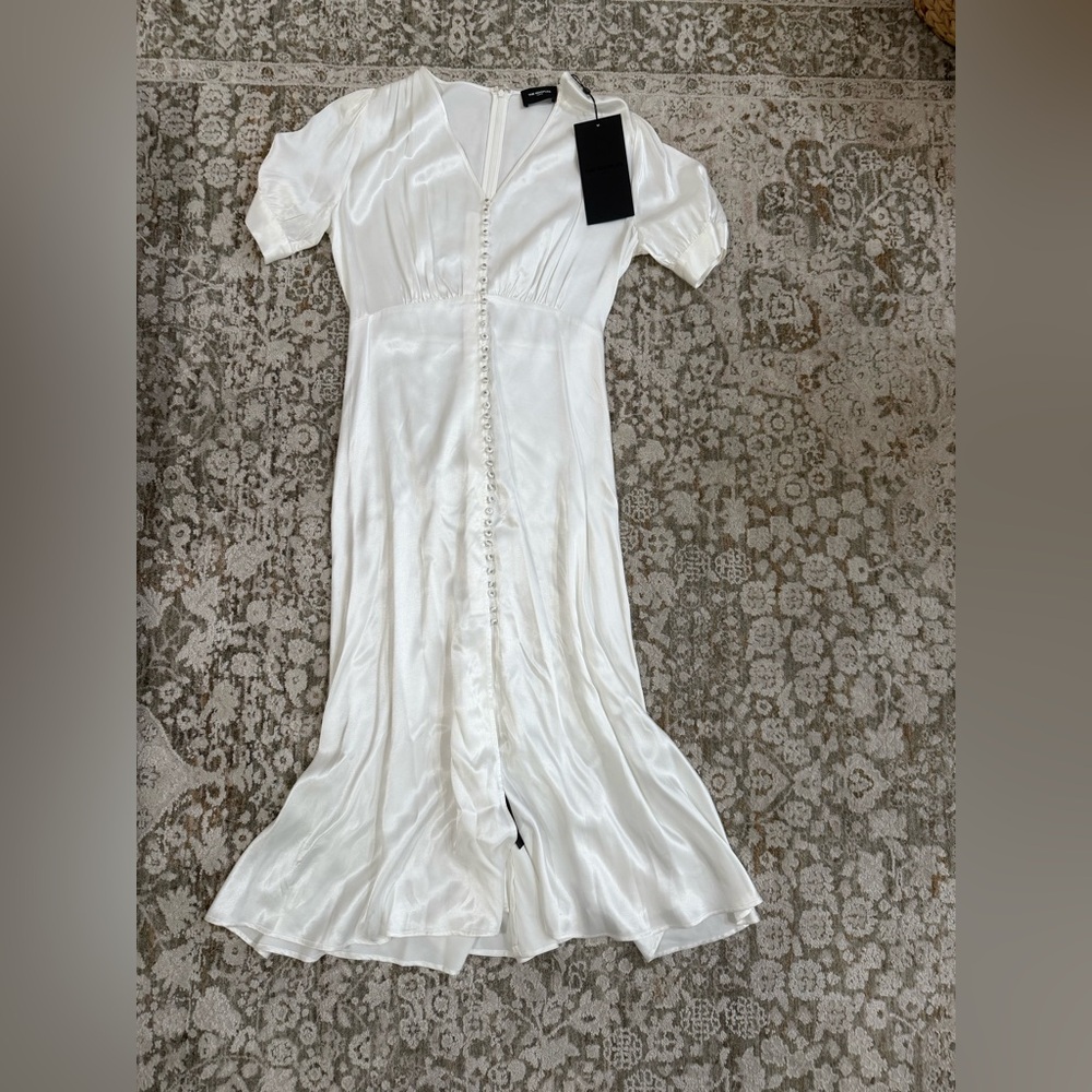 The Kooples White Satin Midi Dress with Button Front